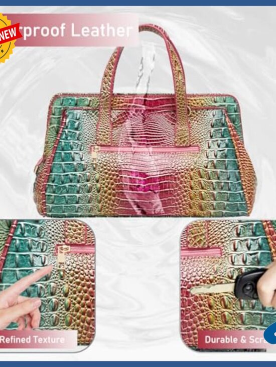 Medium Vegan Leather Satchel Tote with Crocodile Print, Shoulder & Crossbody Bag - Picture 5 of 6